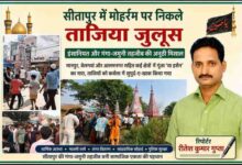 रिपोर्टर रीतेश कुमार गुप्ता की तस्वीर के साथ सीतापुर में मोहर्रम के अवसर पर निकले ताजिया जुलूस, कर्बला और अकीदतमंदों की मौजूदगी दर्शाती फीचर इमेज।