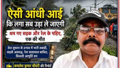 उन्नाव में तेज आंधी-तूफान के प्रभाव को दर्शाती फीचर इमेज, जिसमें गिरे पेड़, बाधित रेलमार्ग और रिपोर्टर कमलेश कुमार चौधरी की तस्वीर शामिल है।
