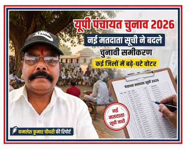रिपोर्टर कमलेश कुमार चौधरी के साथ यूपी पंचायत चुनाव 2026 की नई मतदाता सूची और ग्रामीण पंचायत बैठक को दर्शाती फीचर इमेज।