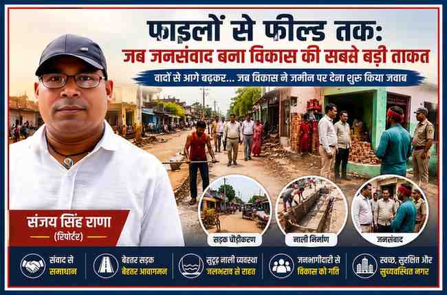 रिपोर्टर संजय सिंह राणा की तस्वीर के साथ सड़क चौड़ीकरण, नाली निर्माण, जनसंवाद और विकास कार्यों को दर्शाती फीचर इमेज।