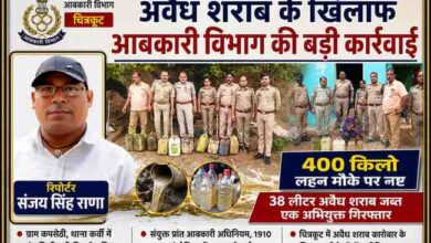 रिपोर्टर संजय सिंह राणा की तस्वीर के साथ चित्रकूट में आबकारी विभाग की टीम द्वारा अवैध शराब के विरुद्ध चलाए गए अभियान, बरामद अवैध शराब और नष्ट किए गए लहन को दर्शाती फीचर इमेज।