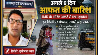 उत्तर प्रदेश में भारी बारिश के ऑरेंज अलर्ट पर आधारित फीचर इमेज, जिसमें रिपोर्टर चुन्नीलाल प्रधान का फोटो और बारिश के दौरान सड़क पार करते लोग दिखाई दे रहे हैं।