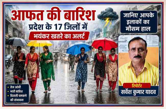 रंग-बिरंगे छातों के साथ बारिश में चलते लोग और रिपोर्टर सर्वेश कुमार यादव की तस्वीर, उत्तर प्रदेश के 17 जिलों में भारी बारिश, तेज आंधी और बिजली गिरने के मौसम अलर्ट को दर्शाती फीचर इमेज।