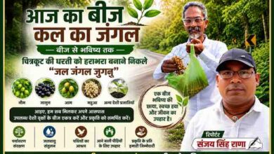 रिपोर्टर संजय सिंह राणा के साथ जल जंगल जुगनू द्वारा चित्रकूट में नीम, जामुन, आम और महुआ के बीज बिखेरकर पर्यावरण संरक्षण का अभियान दर्शाती फीचर इमेज।
