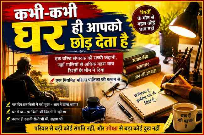 रिश्तों के मौन, पारिवारिक उपेक्षा और एक वरिष्ठ संपादक के जीवन संघर्ष को दर्शाती रंगीन फीचर इमेज।
