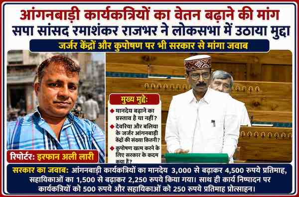 लोकसभा में आंगनबाड़ी कार्यकत्रियों का मानदेय बढ़ाने की मांग उठाते सपा सांसद रमाशंकर राजभर तथा रिपोर्टर इरफान अली लारी की फीचर इमेज।