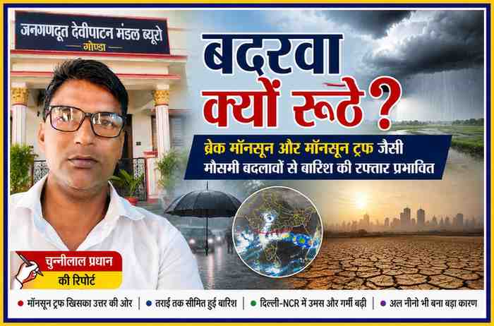 जनगणदूत गोंडा मंडल ब्यूरो के रिपोर्टर चुन्नीलाल प्रधान की तस्वीर के साथ ब्रेक मॉनसून, मॉनसून ट्रफ, बारिश, सूखा और मौसम परिवर्तन को दर्शाती फीचर इमेज।
