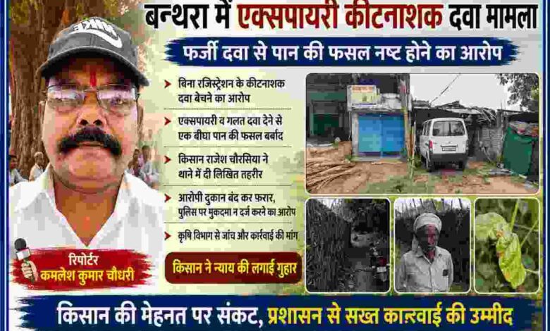 रिपोर्टर कमलेश कुमार चौधरी के साथ बन्थरा स्थित कथित कीटनाशक विक्रेता की दुकान, पान की भीट और प्रभावित किसान की तस्वीरों पर आधारित समाचार फीचर इमेज।