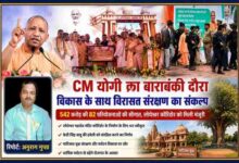 मुख्यमंत्री योगी आदित्यनाथ बाराबंकी में जनसभा को संबोधित करते हुए, लोधेश्वर महादेव कॉरिडोर, विकास परियोजनाओं और रिपोर्टर अनुराग गुप्ता की तस्वीर के साथ तैयार फीचर इमेज।