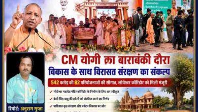 मुख्यमंत्री योगी आदित्यनाथ बाराबंकी में जनसभा को संबोधित करते हुए, लोधेश्वर महादेव कॉरिडोर, विकास परियोजनाओं और रिपोर्टर अनुराग गुप्ता की तस्वीर के साथ तैयार फीचर इमेज।