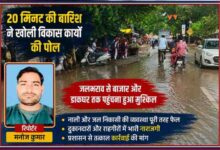 जौनपुर के मुफ़्तीगंज बाजार में बारिश के बाद जलभराव की स्थिति दर्शाती फीचर इमेज, जिसमें रिपोर्टर मनोज कुमार की तस्वीर और बाजार में भरे पानी का दृश्य शामिल है।