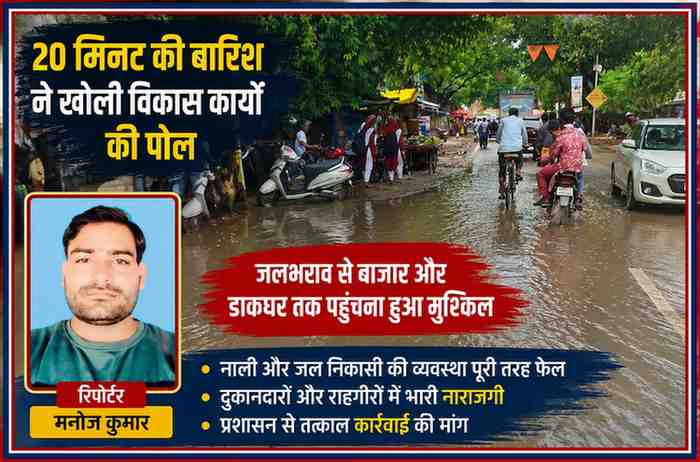 जौनपुर के मुफ़्तीगंज बाजार में बारिश के बाद जलभराव की स्थिति दर्शाती फीचर इमेज, जिसमें रिपोर्टर मनोज कुमार की तस्वीर और बाजार में भरे पानी का दृश्य शामिल है।