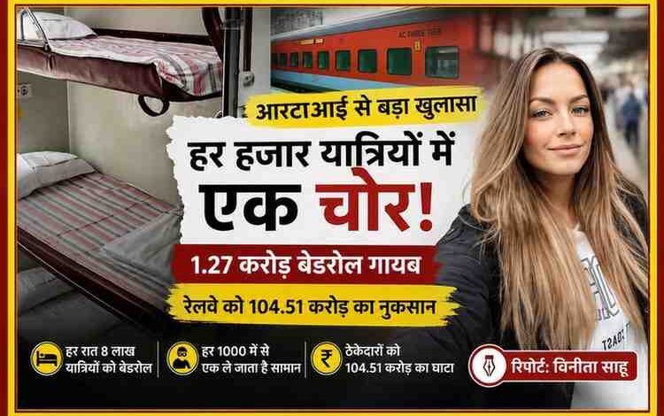 भारतीय रेलवे के एसी कोच में बेडरोल के साथ रिपोर्टर विनीता साहू की तस्वीर, आरटीआई में 1.27 करोड़ बेडरोल चोरी का खुलासा दर्शाती फीचर इमेज।