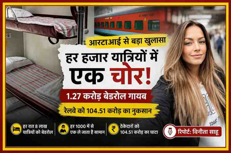 भारतीय रेलवे के एसी कोच में बेडरोल के साथ रिपोर्टर विनीता साहू की तस्वीर, आरटीआई में 1.27 करोड़ बेडरोल चोरी का खुलासा दर्शाती फीचर इमेज।