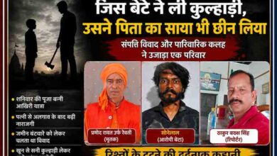 भाजपा मंडल अध्यक्ष प्रमोद रावत, आरोपी बेटे सोनेलाल और रिपोर्टर ठाकुर बख्श सिंह की तस्वीरों से तैयार फीचर इमेज, जो पिता की हत्या और संपत्ति विवाद की घटना को दर्शाती है।
