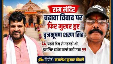राम मंदिर की पृष्ठभूमि में बृजभूषण शरण सिंह और रिपोर्टर कमलेश कुमार चौधरी की फीचर इमेज, चढ़ावा विवाद पर बयान।