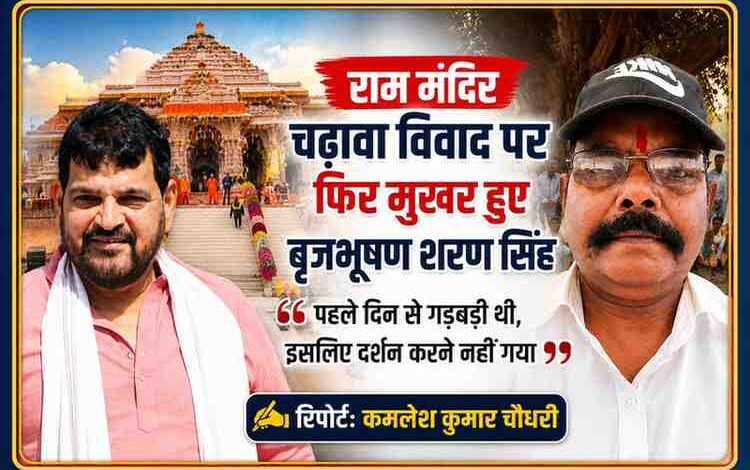 राम मंदिर की पृष्ठभूमि में बृजभूषण शरण सिंह और रिपोर्टर कमलेश कुमार चौधरी की फीचर इमेज, चढ़ावा विवाद पर बयान।