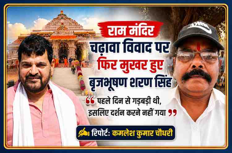 राम मंदिर की पृष्ठभूमि में बृजभूषण शरण सिंह और रिपोर्टर कमलेश कुमार चौधरी की फीचर इमेज, चढ़ावा विवाद पर बयान।