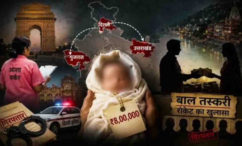 बाल तस्करी रैकेट के खुलासे को दर्शाती सांकेतिक फीचर इमेज, जिसमें दिल्ली पुलिस, आशा वर्कर, भारत का नक्शा, नवजात शिशु और गिरफ्तारी के प्रतीकात्मक दृश्य दिखाए गए हैं।