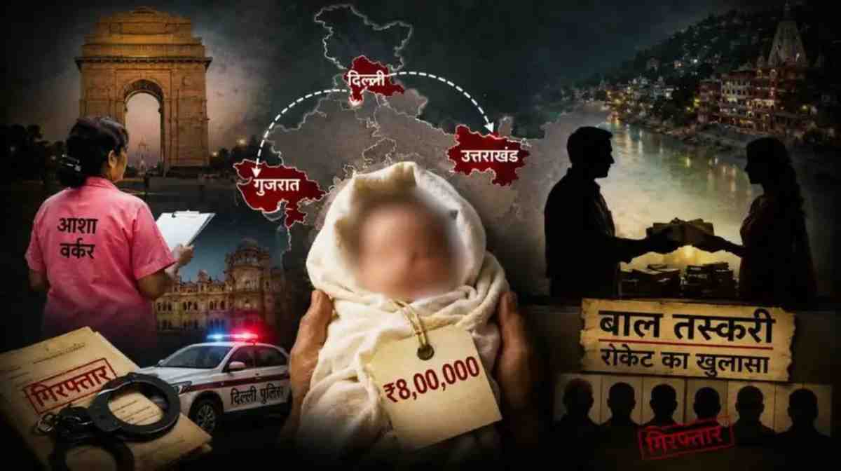 बाल तस्करी रैकेट के खुलासे को दर्शाती सांकेतिक फीचर इमेज, जिसमें दिल्ली पुलिस, आशा वर्कर, भारत का नक्शा, नवजात शिशु और गिरफ्तारी के प्रतीकात्मक दृश्य दिखाए गए हैं।