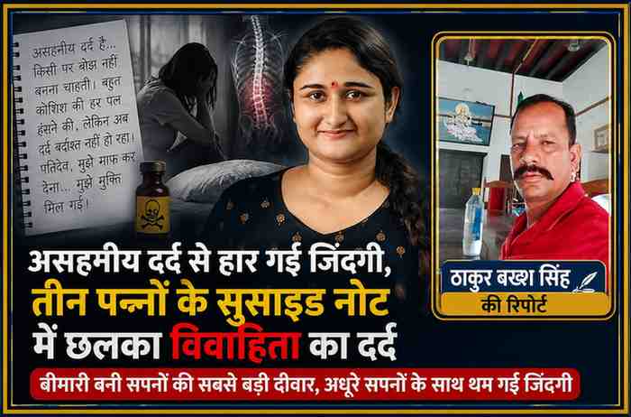 स्पाइनल आर्थराइटिस से पीड़ित विवाहिता की सांकेतिक तस्वीर, रिपोर्टर ठाकुर बख्श सिंह के साथ सुसाइड नोट और दर्द से जुड़ी खबर का फीचर इमेज।