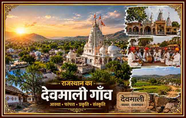 राजस्थान के ब्यावर जिले स्थित देवमाली गाँव का लैंडस्केप दृश्य, भगवान देवनारायण मंदिर, ग्रामीण संस्कृति और प्राकृतिक सौंदर्य को दर्शाती फीचर इमेज।