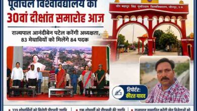 वीर बहादुर सिंह पूर्वांचल विश्वविद्यालय जौनपुर के 30वें दीक्षांत समारोह का फीचर पोस्टर, जिसमें विश्वविद्यालय का मुख्य द्वार, समारोह का मंच और रिपोर्टर कीरत यादव की तस्वीर दिखाई गई है।