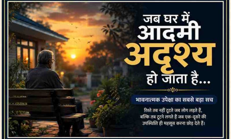 सूर्यास्त के समय बेंच पर अकेला बैठा एक व्यक्ति, जिसके साथ भावनात्मक उपेक्षा और पारिवारिक मौन पर आधारित प्रेरक हिंदी संदेश प्रदर्शित है।