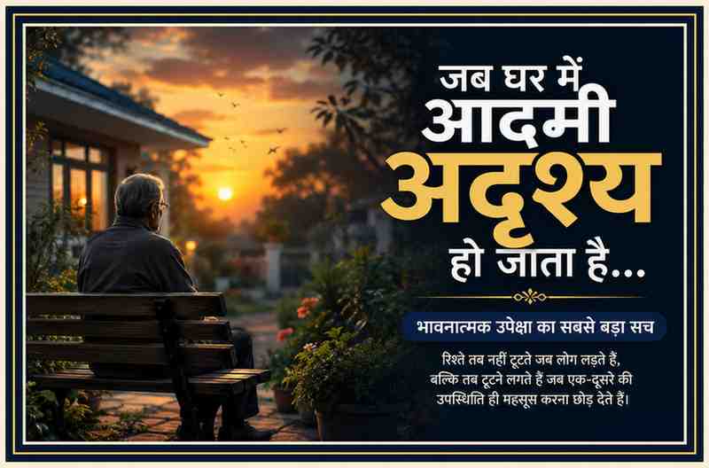 सूर्यास्त के समय बेंच पर अकेला बैठा एक व्यक्ति, जिसके साथ भावनात्मक उपेक्षा और पारिवारिक मौन पर आधारित प्रेरक हिंदी संदेश प्रदर्शित है।