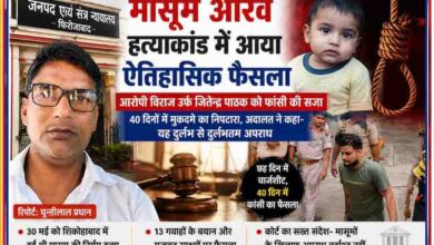 फिरोजाबाद आरव हत्याकांड पर आधारित फीचर इमेज, जिसमें रिपोर्टर चुन्नीलाल प्रधान की तस्वीर, आरोपी विराज उर्फ जितेंद्र पाठक और मासूम की हत्या मामले में अदालत के ऐतिहासिक फैसले को दर्शाया गया है।