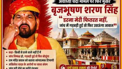 गोंडा में सार्वजनिक कार्यक्रम के दौरान अयोध्या चंदा मामले पर बयान देते पूर्व सांसद बृजभूषण शरण सिंह, साथ में अयोध्या राम मंदिर की प्रतीकात्मक तस्वीर।