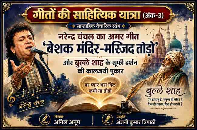नरेन्द्र चंचल और सूफी संत बुल्ले शाह पर आधारित फीचर इमेज, जिसमें प्रेम, मानवता, भारतीय सांस्कृतिक चेतना और ‘बेशक मंदिर–मस्जिद तोड़ो’ गीत का साहित्यिक विश्लेषण दर्शाया गया है।