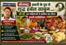 रिपोर्टर चुन्नीलाल प्रधान की तस्वीर के साथ सोनभद्र की स्वयं सहायता समूह की महिलाएं बकरी के दूध, नीम, एलोवेरा और अन्य प्राकृतिक सामग्री से हर्बल साबुन तैयार करती हुईं।