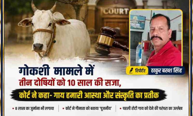 रिपोर्टर ठाकुर बख्श सिंह की तस्वीर के साथ गाय, कोर्ट की प्रतीकात्मक छवि और गोकशी मामले में तीन दोषियों को 10 वर्ष की सजा से संबंधित फीचर इमेज।