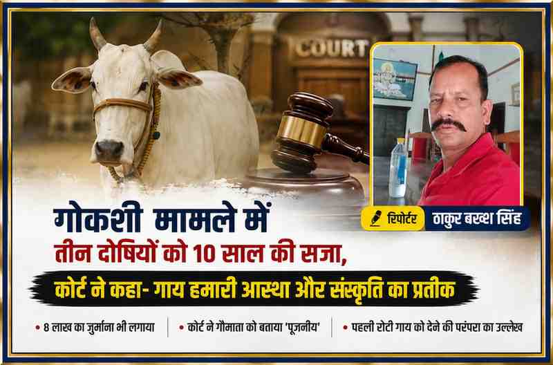 रिपोर्टर ठाकुर बख्श सिंह की तस्वीर के साथ गाय, कोर्ट की प्रतीकात्मक छवि और गोकशी मामले में तीन दोषियों को 10 वर्ष की सजा से संबंधित फीचर इमेज।