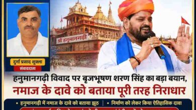रिपोर्टर दुर्गा प्रसाद शुक्ला की तस्वीर के साथ हनुमानगढ़ी विवाद पर बयान देते हुए बृजभूषण शरण सिंह की फीचर न्यूज इमेज।