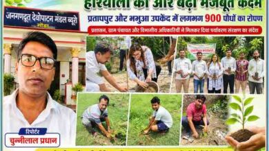 गोंडा के प्रतापपुर और भभुआ क्षेत्र में आयोजित वृक्षारोपण अभियान के फीचर पोस्टर में रिपोर्टर चुन्नीलाल प्रधान के साथ उपजिलाधिकारी, ग्राम प्रधान, अधिकारियों और ग्रामीणों द्वारा पौधे लगाते हुए दृश्य।