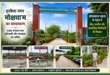 हरकेश नगर मोक्षधाम का प्रवेश द्वार, हरियाली, पौधों और आधुनिक सुविधाओं से सुसज्जित परिसर, जिसे ओमप्रकाश भड़ाना के नेतृत्व में विकसित किया गया।