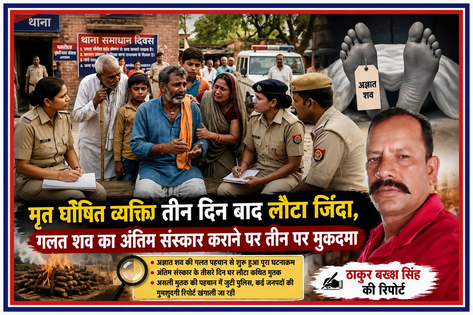 रिपोर्टर ठाकुर बख्श सिंह की तस्वीर के साथ सांकेतिक दृश्य, जिसमें पुलिस, पीड़ित परिवार, अज्ञात शव और अंतिम संस्कार का दृश्य दिखाया गया है। विषय: मृत घोषित व्यक्ति तीन दिन बाद जीवित लौटने और गलत शव के अंतिम संस्कार के मामले की खबर।