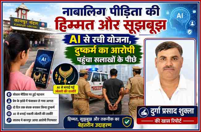 रिपोर्टर दुर्गा प्रसाद शुक्ला की तस्वीर के साथ कानपुर सेंट्रल रेलवे स्टेशन, AI तकनीक, सांकेतिक ज्वेलरी, पुलिस गिरफ्तारी और नाबालिग पीड़िता की सूझबूझ को दर्शाती लैंडस्केप फीचर इमेज।