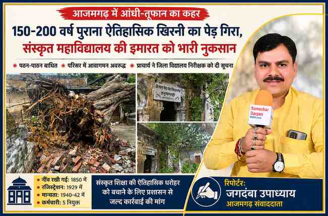 आजमगढ़ के श्री सांगवेद महाविद्यालय हनुमानगढ़ी में आंधी-तूफान से 150–200 वर्ष पुराना खिरनी का पेड़ गिरने के बाद क्षतिग्रस्त भवन और रिपोर्टर जगदंबा उपाध्याय।