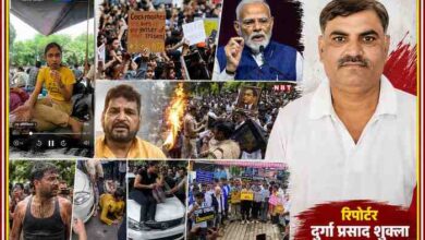 चलो संसद मार्च और NEET विरोध प्रदर्शन पर आधारित फीचर इमेज, जिसमें रिपोर्टर दुर्गा प्रसाद शुक्ला के साथ प्रदर्शन, छात्र आंदोलन और विरोध के विभिन्न दृश्य दिखाई दे रहे हैं।
