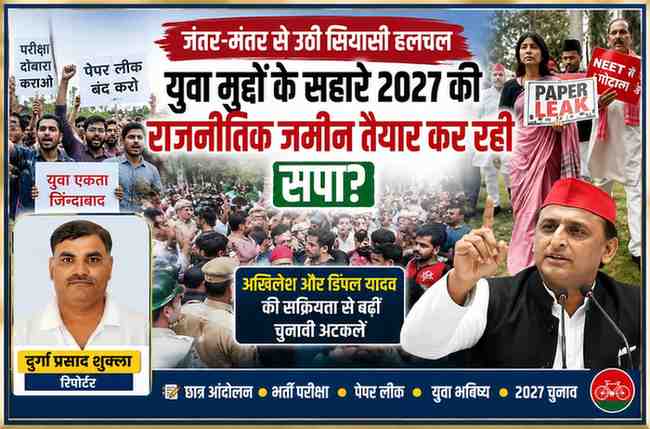 दिल्ली के जंतर-मंतर पर छात्र-युवा आंदोलन में समाजवादी पार्टी की सक्रियता, अखिलेश यादव और डिंपल यादव के साथ रिपोर्टर दुर्गा प्रसाद शुक्ला की फीचर इमेज।