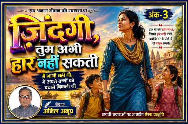 लेखक अनिल अनूप की राउंड फ्रेम तस्वीर के साथ एक संघर्षशील महिला अपने दो बच्चों का हाथ थामे आगे बढ़ती हुई, "ज़िंदगी, तुम अभी हार नहीं सकती" अंक 3 की कलात्मक फीचर इमेज।