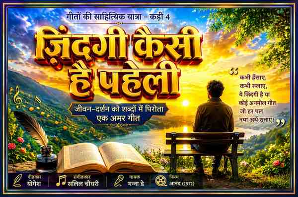 सूर्योदय के मनमोहक प्राकृतिक दृश्य, झील किनारे चिंतन में डूबे व्यक्ति, खुली पुस्तक और संगीत के प्रतीकों के साथ 'ज़िंदगी कैसी है पहेली' गीत के साहित्यिक विश्लेषण पर आधारित लैंडस्केप फीचर इमेज।
