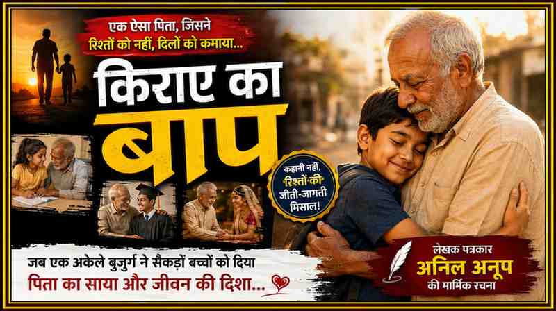 एक बुज़ुर्ग व्यक्ति बच्चे को स्नेहपूर्वक गले लगाए हुए है। फीचर इमेज पर "किराए का बाप" शीर्षक के साथ लेखक पत्रकार अनिल अनूप की मार्मिक सामाजिक कहानी को दर्शाया गया है।