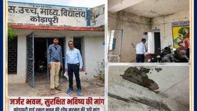 कोड़ापुरी हाई स्कूल के 25–30 वर्ष पुराने जर्जर भवन का निरीक्षण करते जनप्रतिनिधि और पीडब्ल्यूडी इंजीनियर, छत और दीवारों में क्षति के दृश्य।