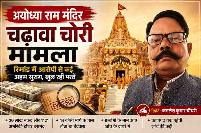 अयोध्या राम मंदिर की पृष्ठभूमि के साथ रिपोर्टर कमलेश कुमार चौधरी की तस्वीर और चढ़ावा चोरी मामले की जांच से जुड़ी सांकेतिक फीचर इमेज।