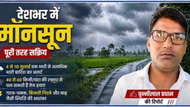 देशभर में सक्रिय मॉनसून के बीच काले बादल, बिजली चमकने और तेज बारिश का दृश्य, साथ में रिपोर्टर चुन्नीलाल प्रधान की तस्वीर।