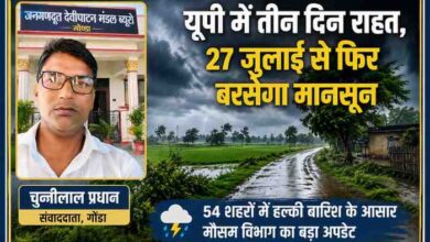 गोंडा के संवाददाता चुन्नीलाल प्रधान की तस्वीर के साथ उत्तर प्रदेश में मानसून और बारिश को दर्शाती लैंडस्केप फीचर इमेज।